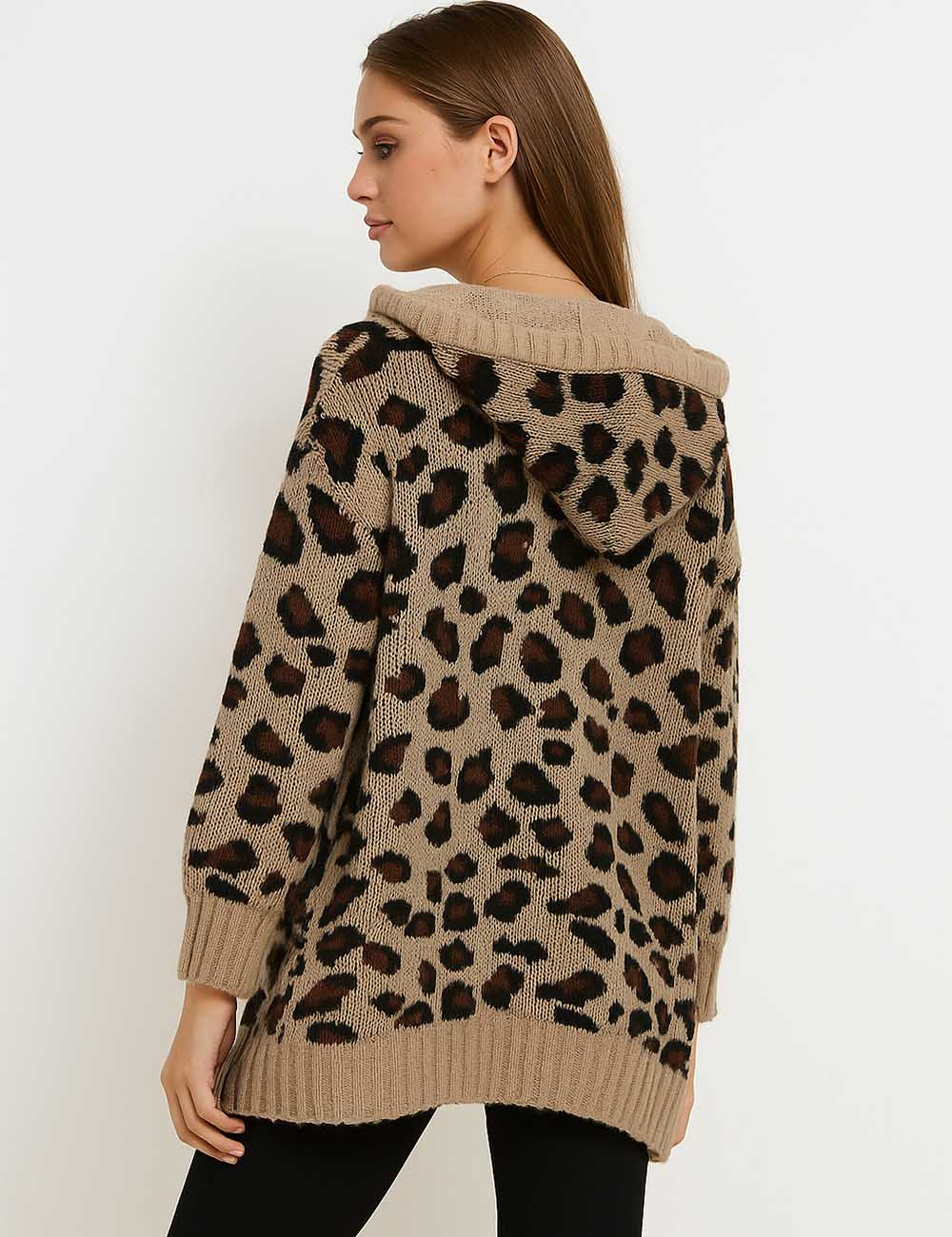 Ladies Leopard Hoodie Drawstring Long Sleeves Knit Sweater