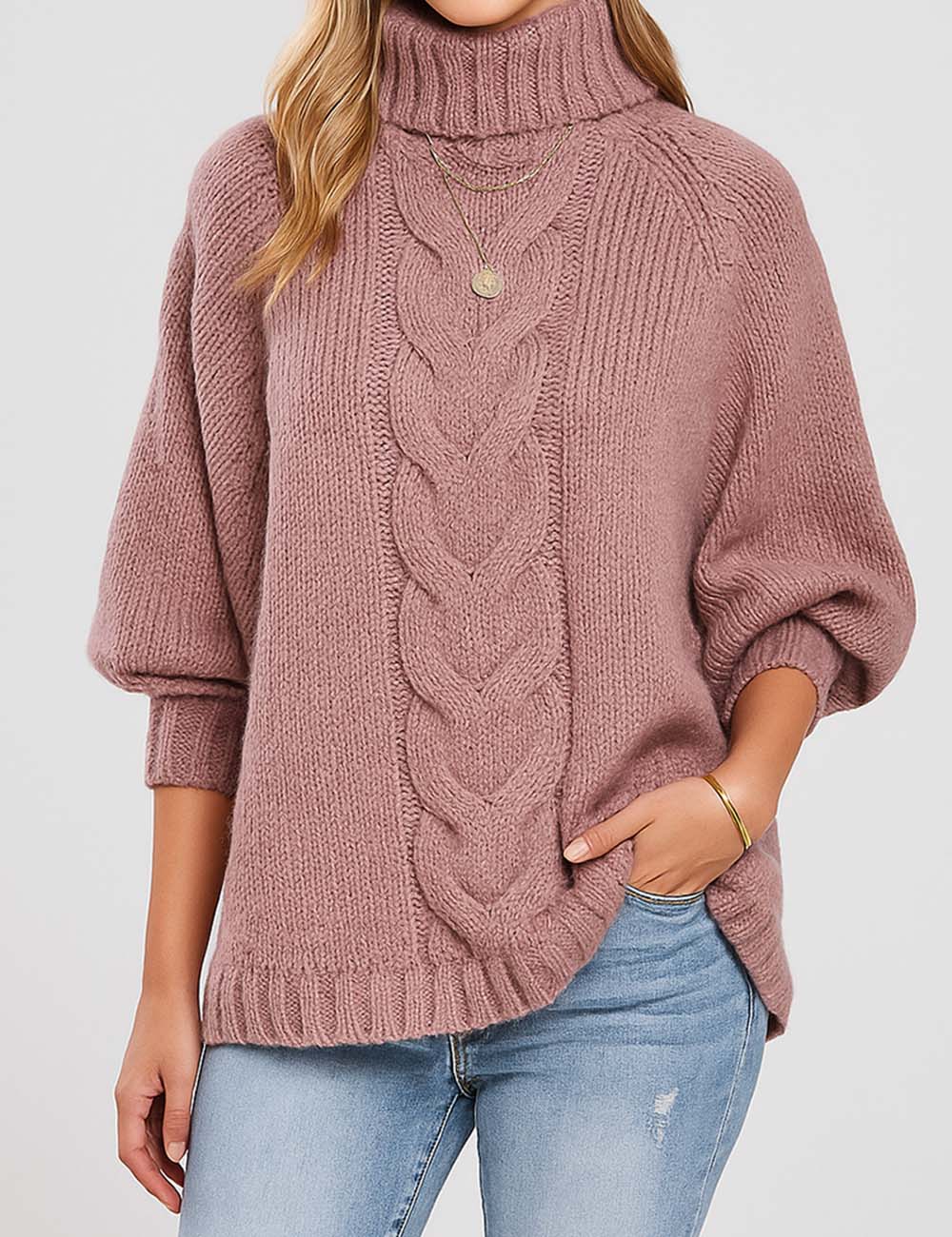 Ladies Turtle Neck Long Sleeves Pullover Knit Sweater