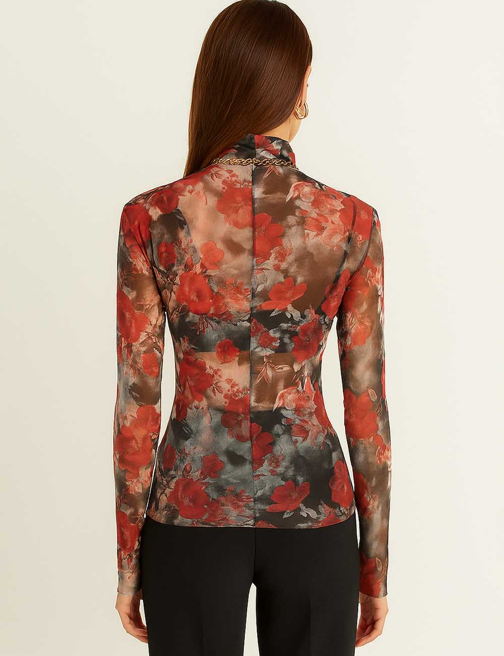 Women Flower Print Blouse See Sheer Mesh Layering Top