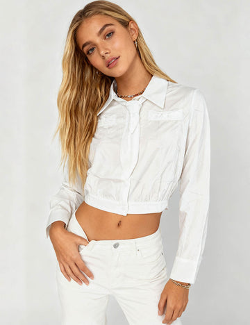 Ladies Solid Color Bow Tie Neck Button Down Crop Shirt