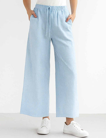 Ladies Checked Color Block String Tie Wide Leg Pants