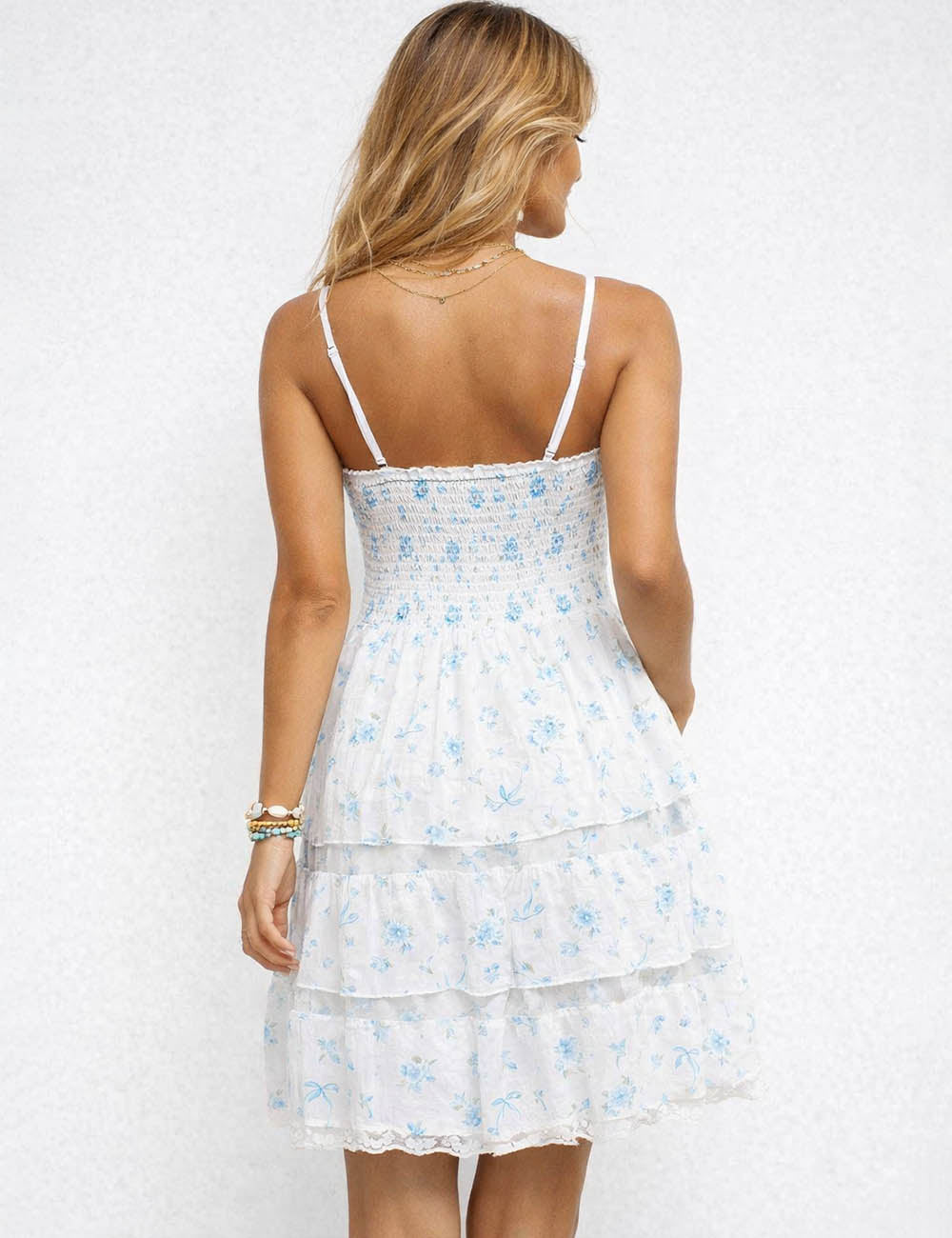 Ladies Floral Print Lace Tiered Ruffle Romantic Mini Dress