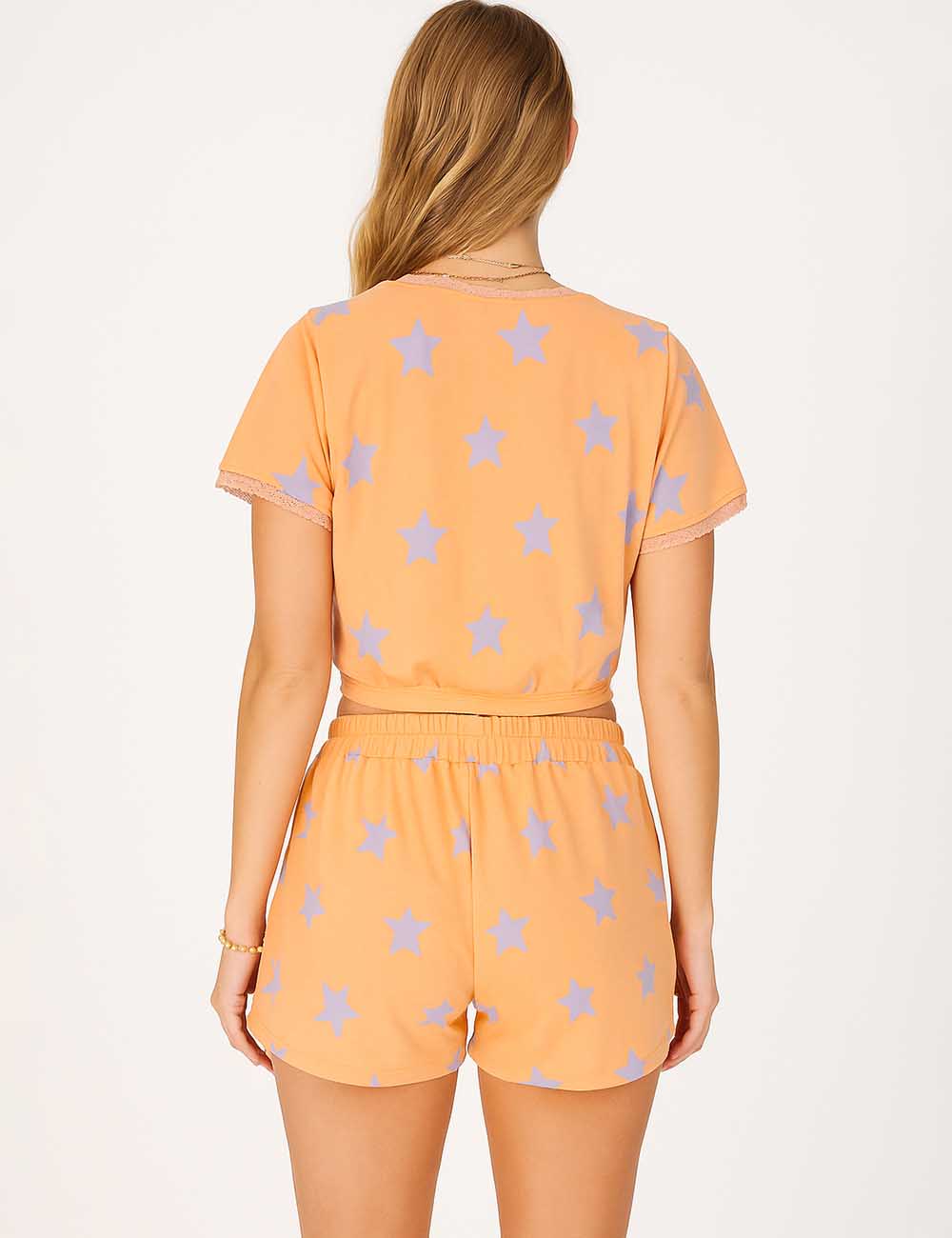Ladies Star Print V-Neck Lace Button Top & Shorts Set