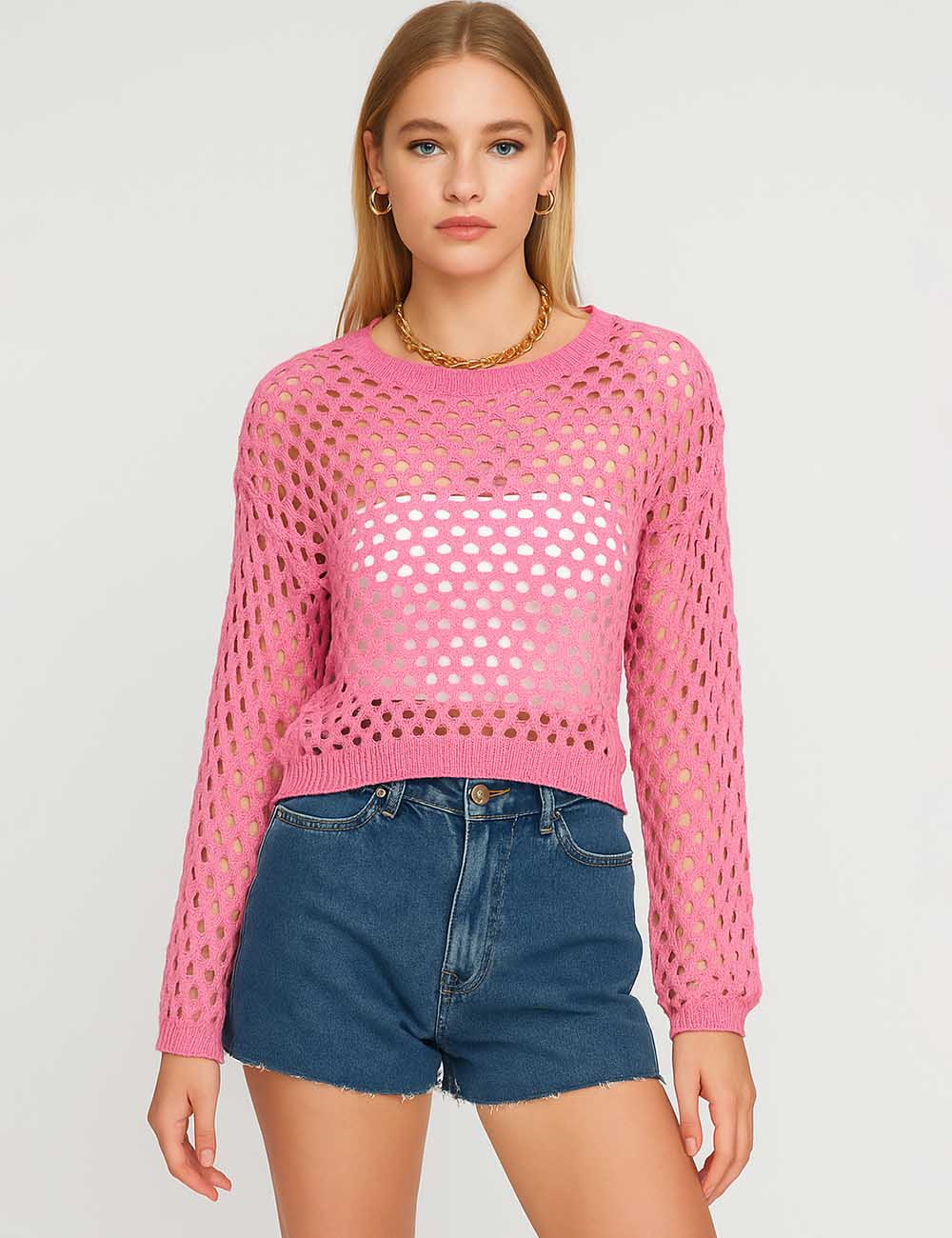 Ladies Long Sleeves Hollow Out Daily Knit Blouse MY8003