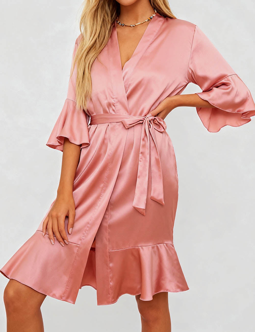 Ladies Satin Wrap V-Neck Side Tie Ruffle Nightdress