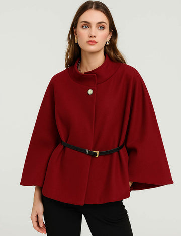 Ladies Wool Blend Stand Collar Belt Cape Shawl Jacket