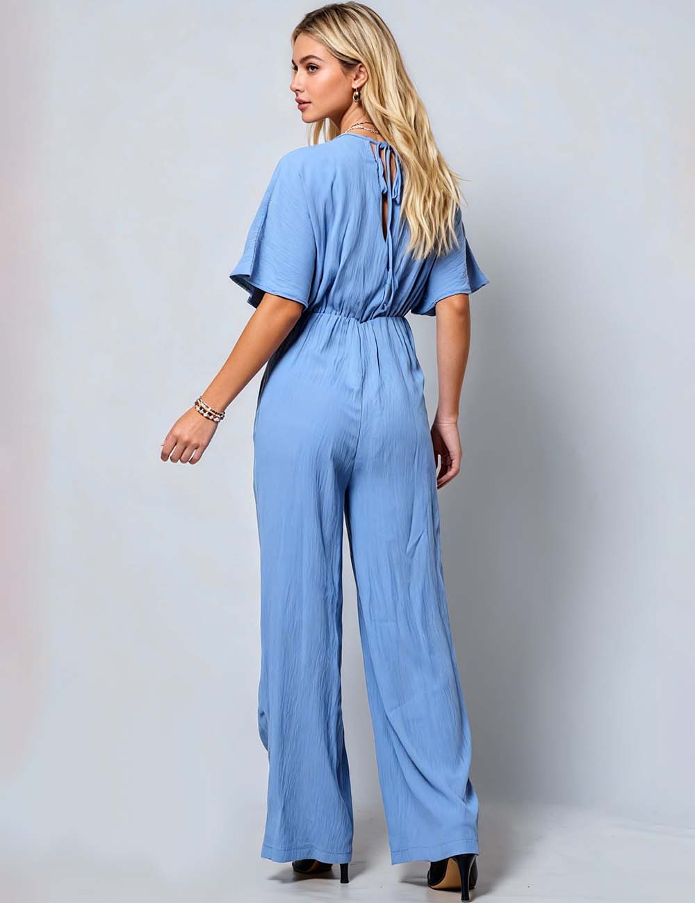 Ladies V-Neck Mid Sleeves Wide Leg Jumpsuit SKJ41276