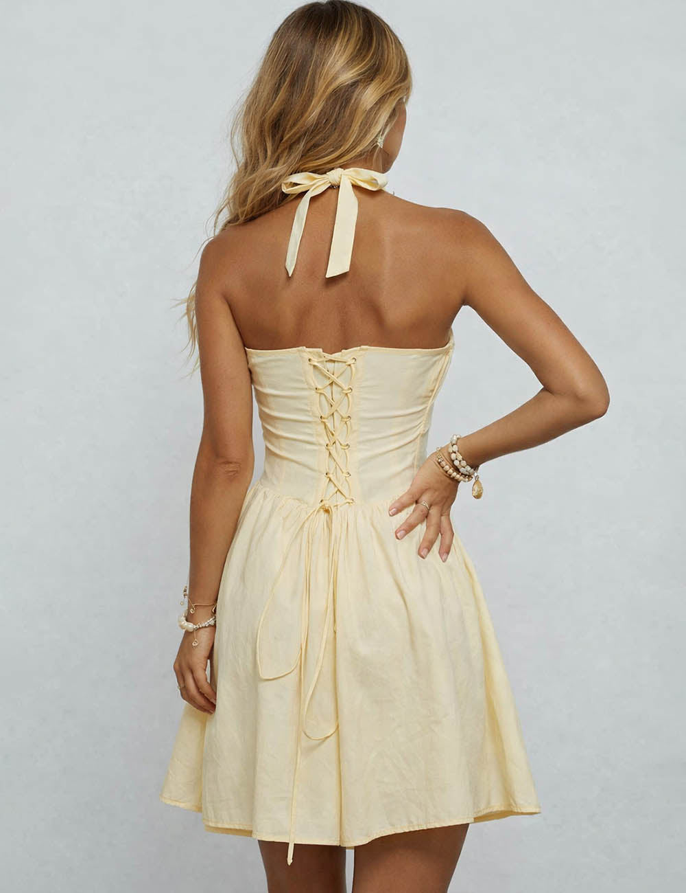 Ladies Chic Halter Neck Tie Back Ruched Mini Dress