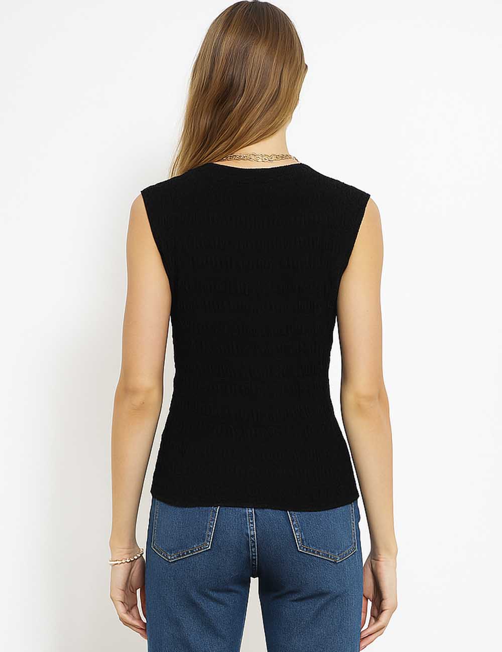 Ladies Solid Color Wrinkle Round Neck Sleeveless Tank Top