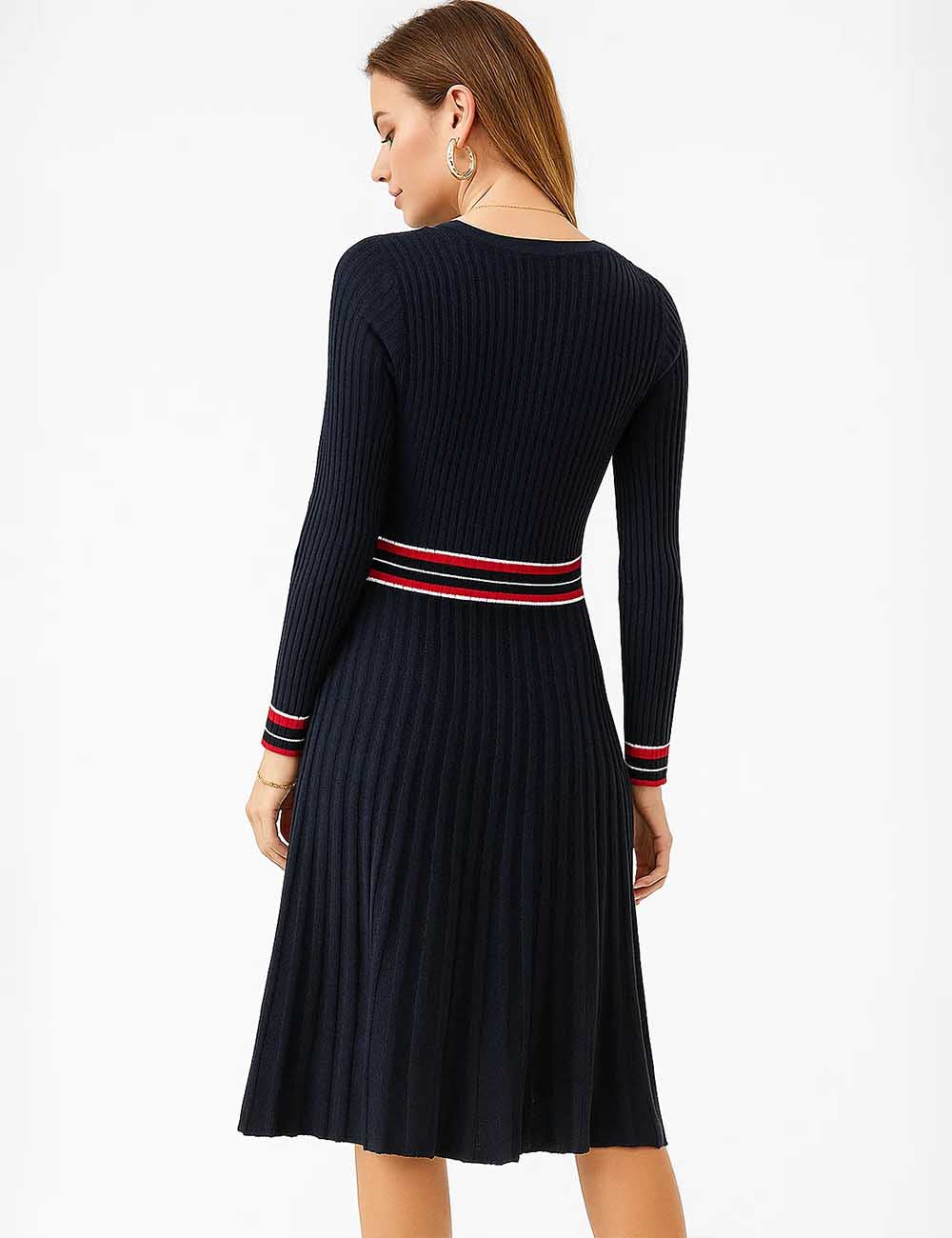 Ladies Striped Long Sleeves Pleated Knit Midi Dress