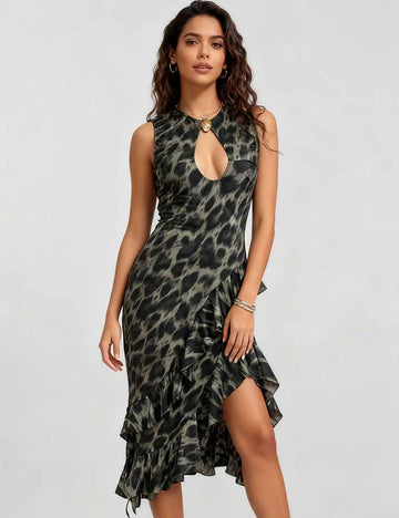 Ladies Leopard Print Keyhole Neck Ruffle Hem Midi Dress