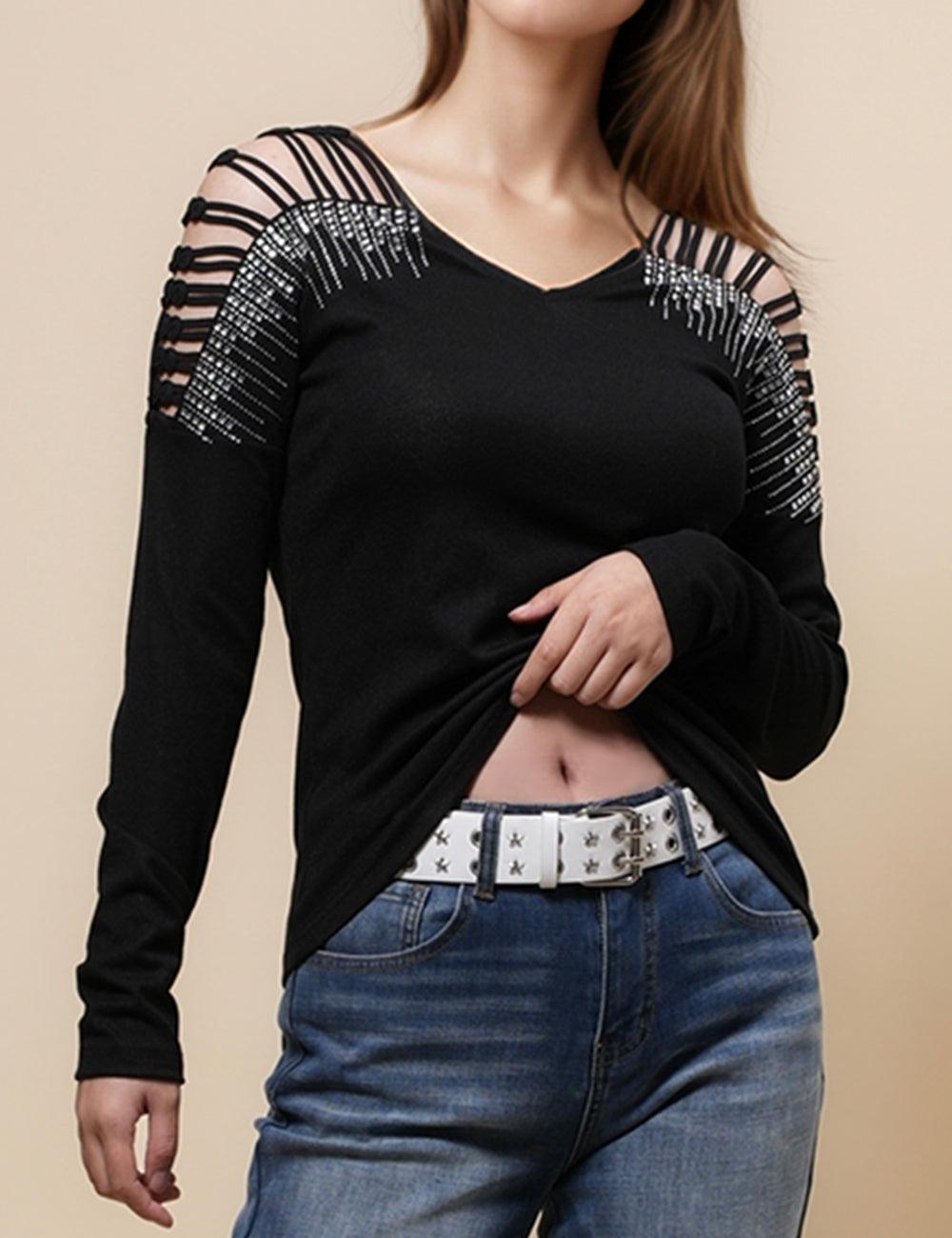 Ladies Shinny Rhinestone Daily Layring Top Blouses SKT4817
