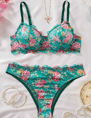 Ladies Cute Floral Print Sheer Mesh Scallop Hem Lingerie Set