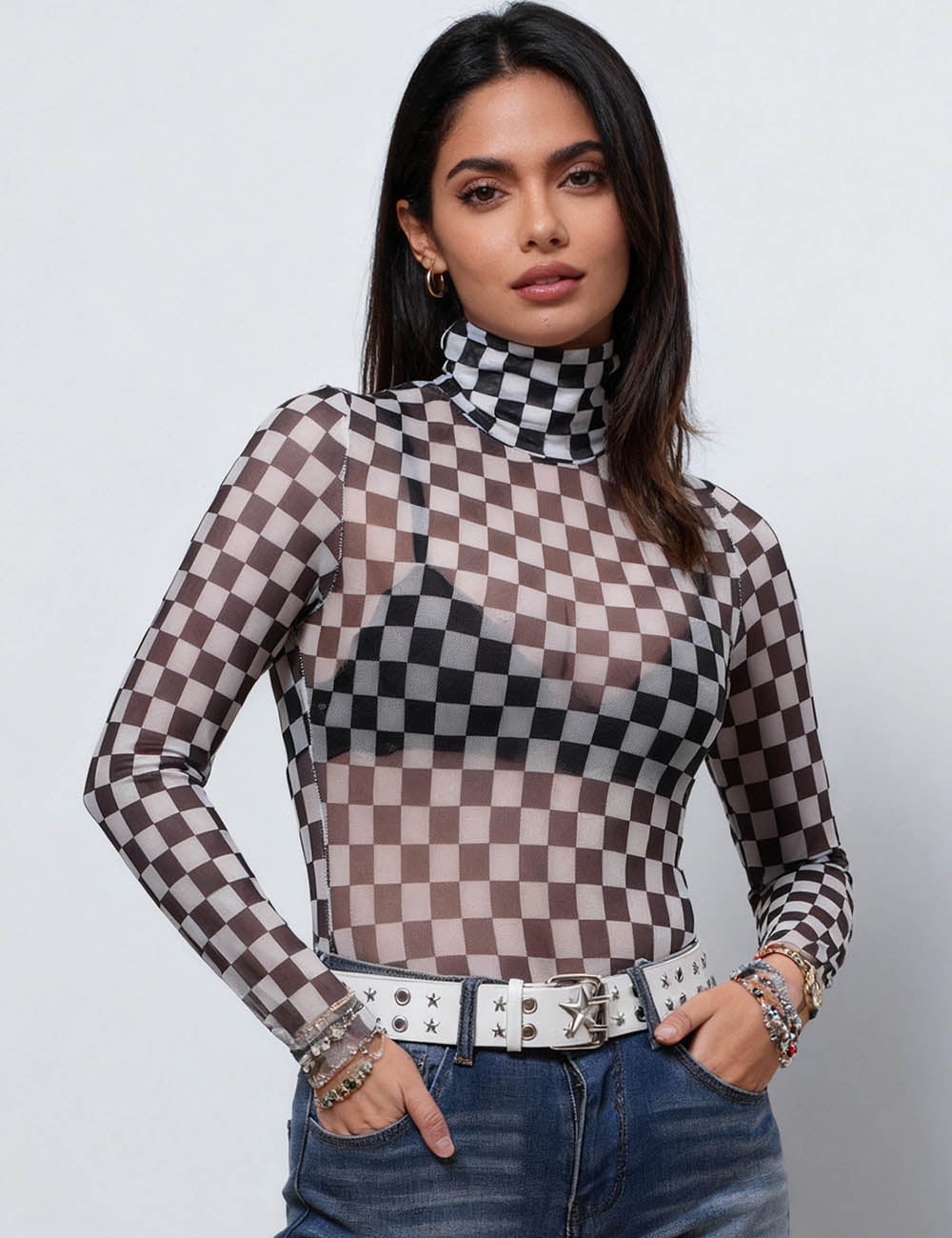 Ladies See Sheer Bodysuit Grid Mesh Layring Top SKT4935