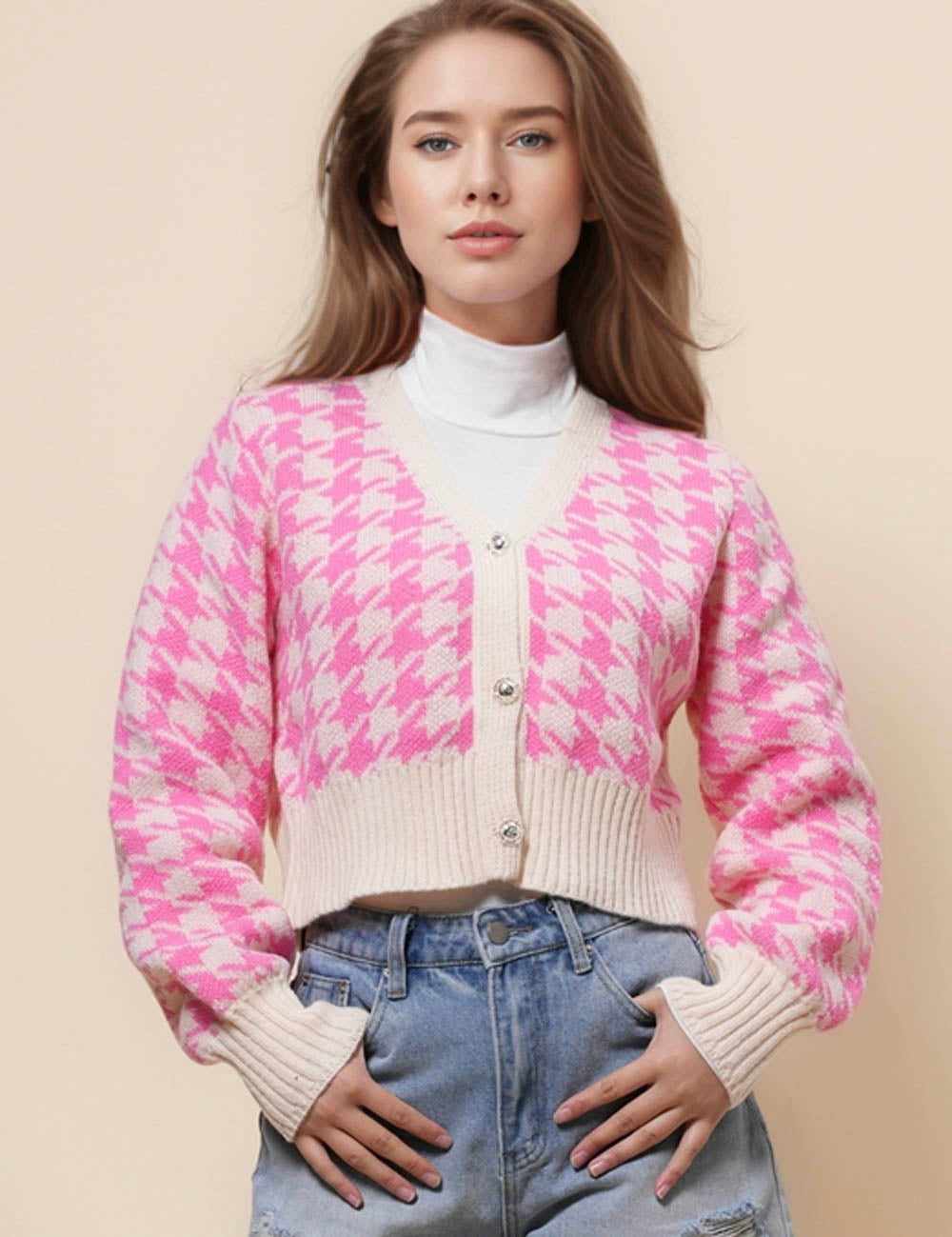 Ladies Color Block V-Neck Botton Closure Cardigan SKT41061