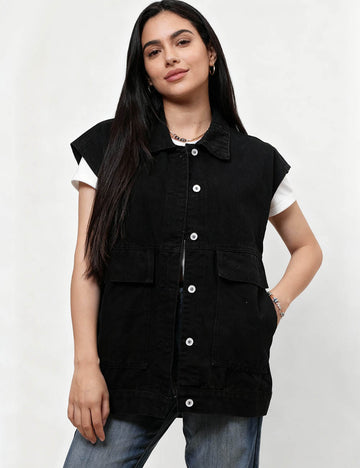 Ladies Turndown Collar Sleeveless Denim Vest SKT4957