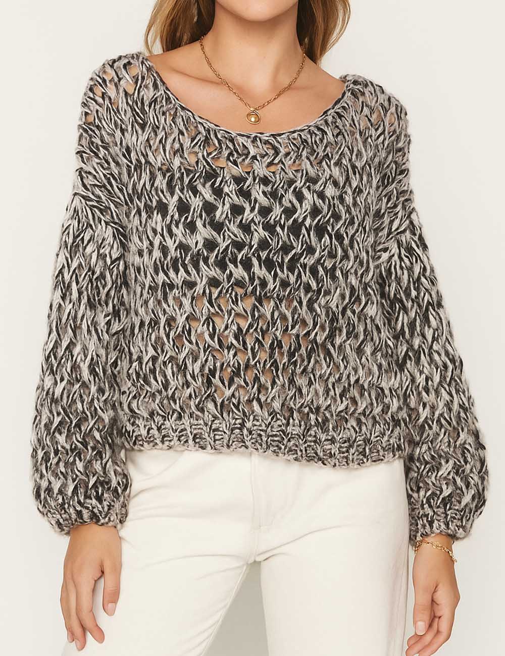 Ladies Chunky Knit Crochet Hollow Out Pullover Sweater