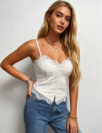 Ladies Lace Trim Corset Sweetheart Neckline Cami Top
