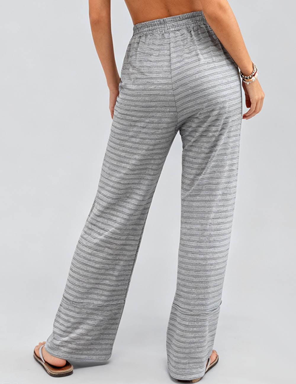 Ladies Striped Color Block Elastic Waist Wide Leg Pants