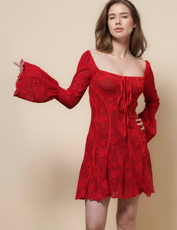 Ladies Square Neck Flare Sleeves Lace Mini Dress SKD41274