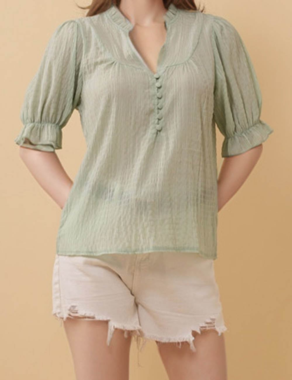 Ladies V-Neck Buttons Short Sleeves Blouse Top 8SKT51024