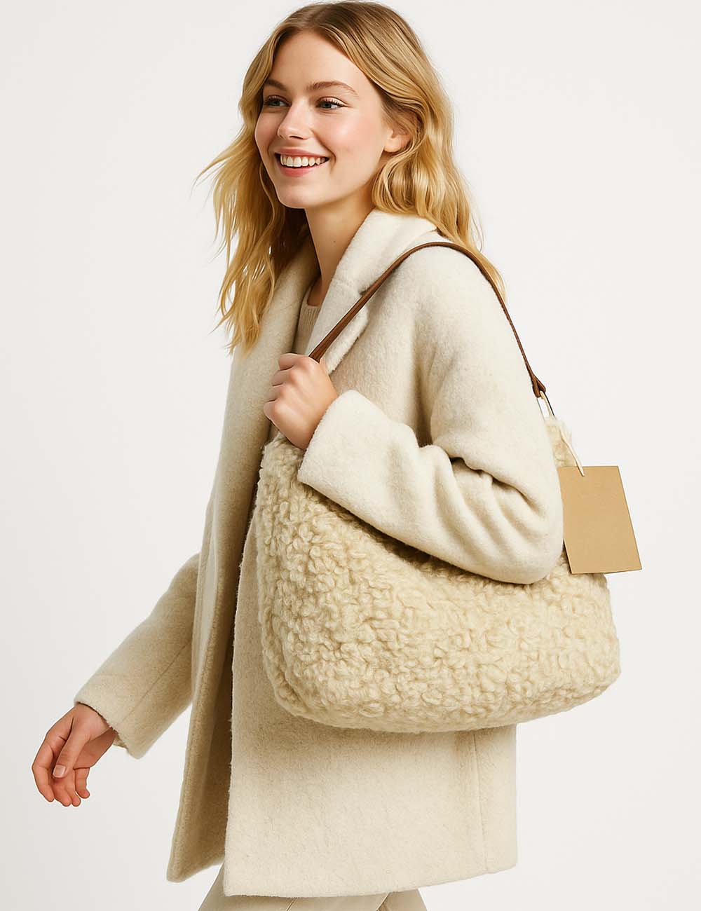 Ladies Faux Shearling Bag Large Capacity Shoulder Tote Bag