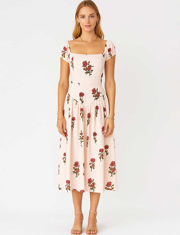 Ladies Floral Print Puff Sleeves Smocked Back Maxi Dress