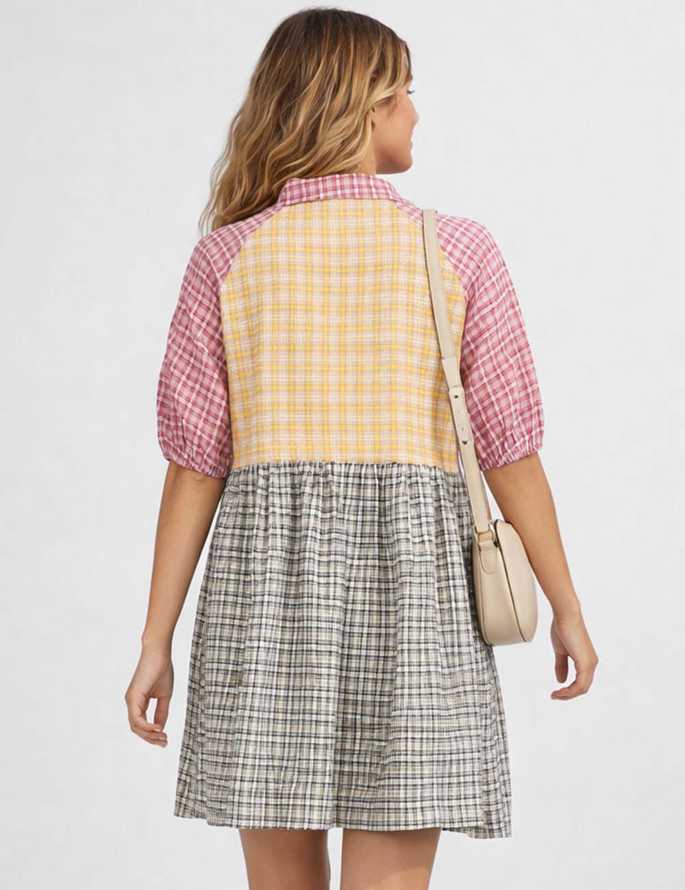 Ladies Checked Shirt Collar Button Down Mini Dress