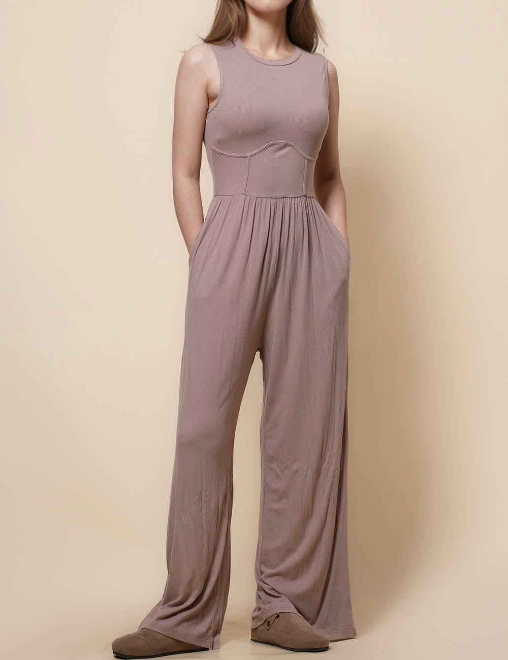 Ladies Round Neck Sleeveless Rib Jumpsuit SKJ41224