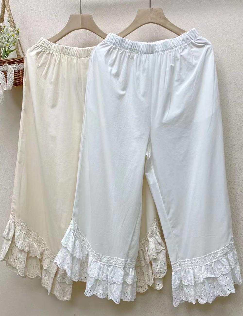 Ladies Solid Color Ruffle Eyelet Pull-On Pants