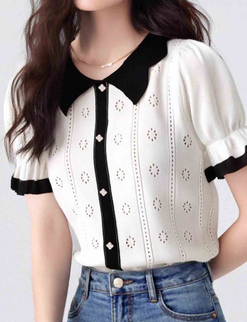 Ladies Color Block Peter Pan Collar Puff Sleeves Knit Top