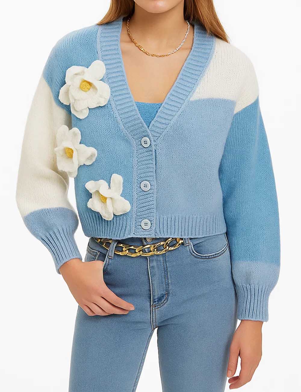 Ladies V-Neck Flower Crochet Button Knit Cardigan