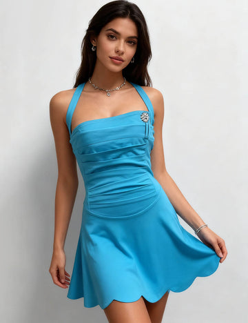 Ladies Chic Halter Neck Pleated Bust Brooch Mini Dress