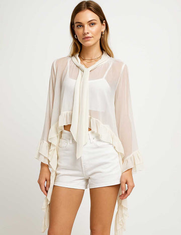 Ladies See Sheer Tie Neckline Irregular Hem Blouse Top