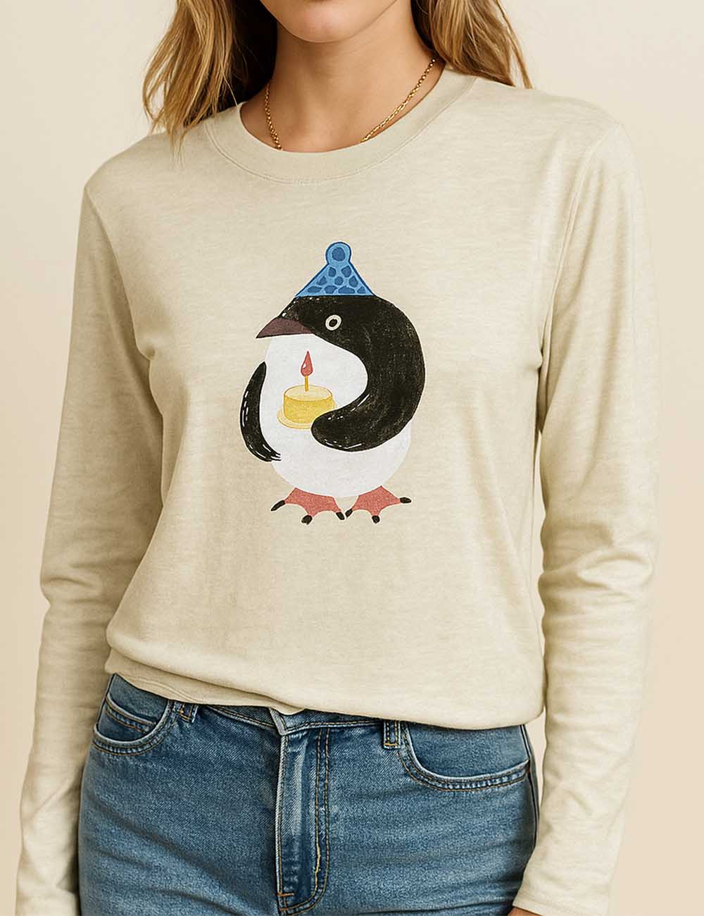 Ladies Cute Penguin Print Long Sleeves Cropped Top
