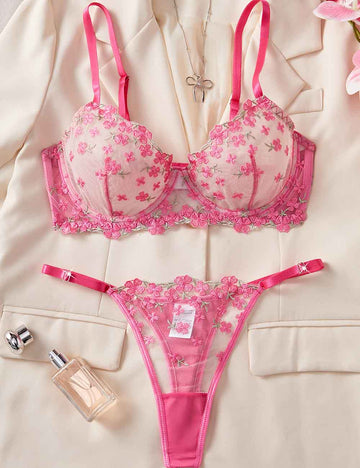 Ladies Sexy Sheer Mesh Floral Embroidery Lingerie Set