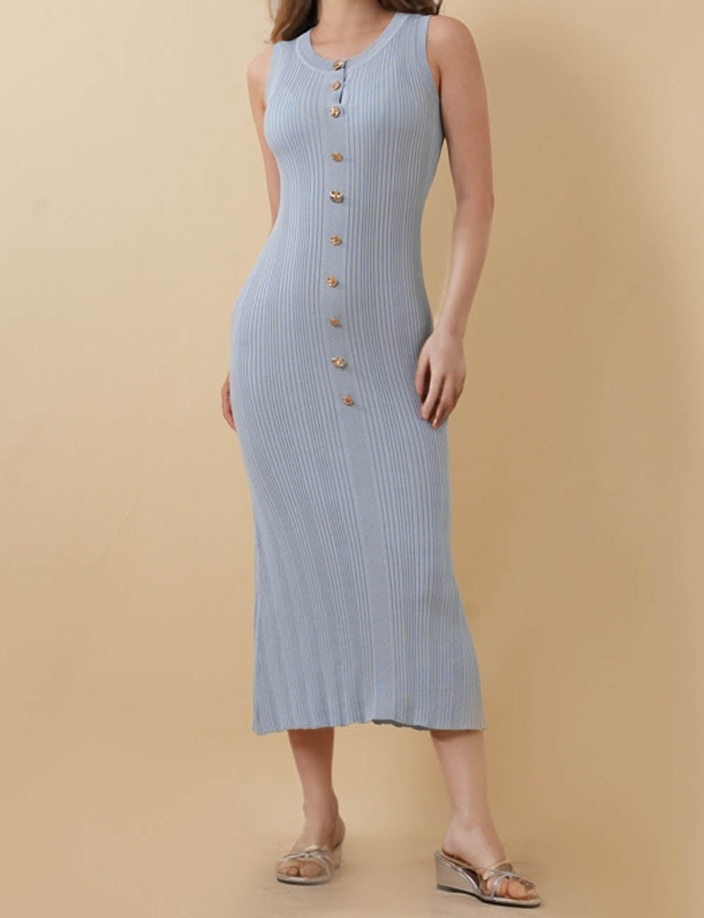 Ladies Round Neck Sleeveless Hip Wrap Knit Maxi Dress