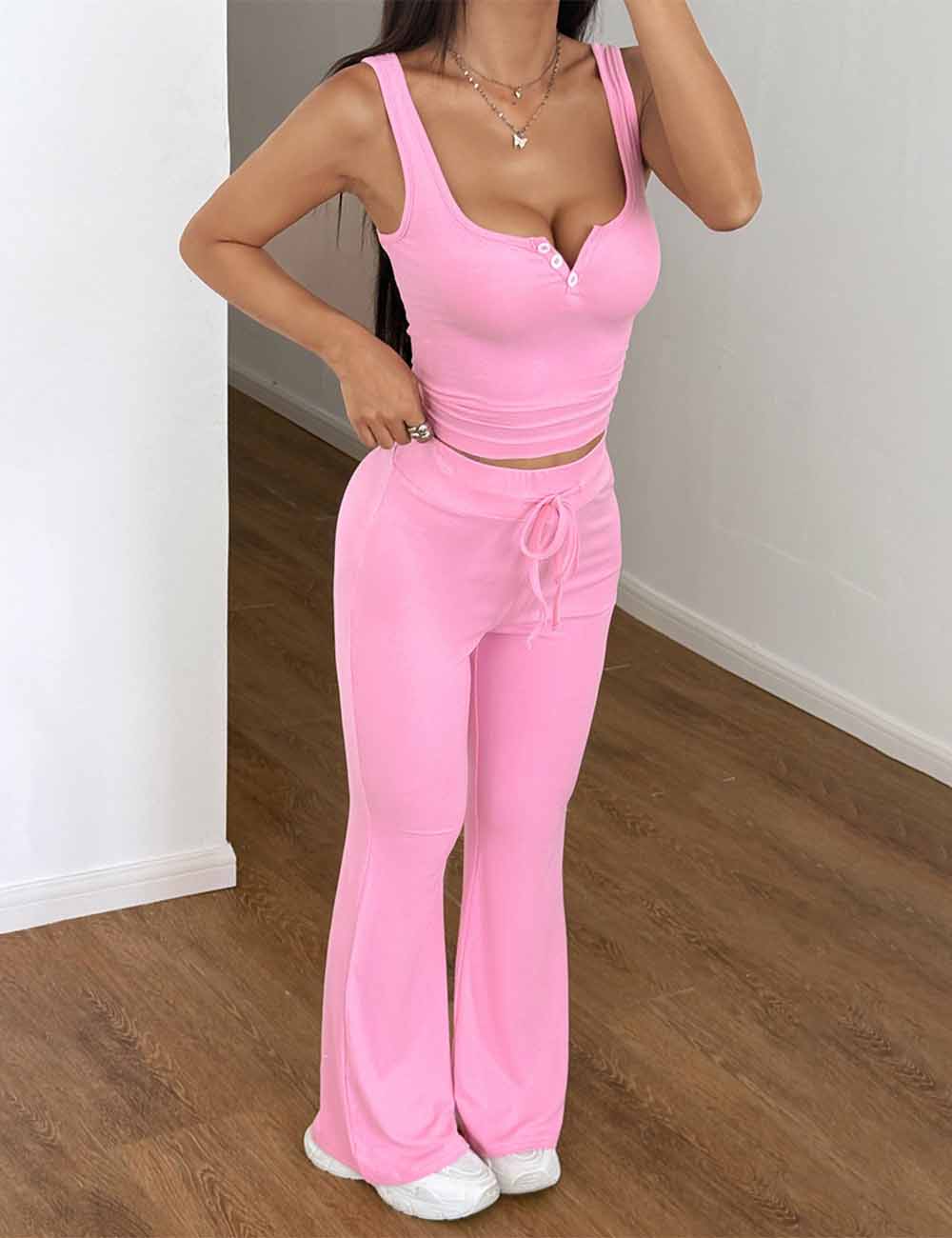 Ladies Solid Color Strap Shoulder Button Flared Leg Tank Top & Pants Set