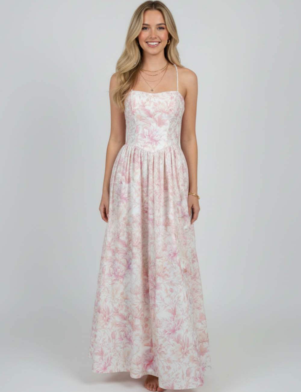 Ladies Floral Print Back Smocked String Shoulder Maxi Dress