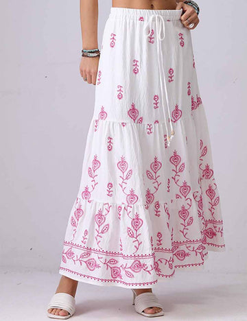 Ladies Color Block Floral Embroidery Lace Up Maxi Skirt