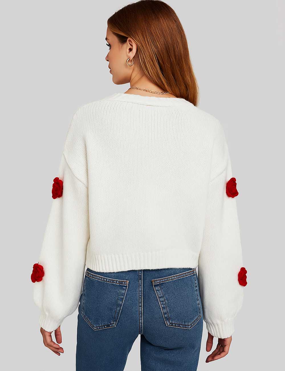 Ladies V-Neck Long Sleeves Crochet Rose Cardigan