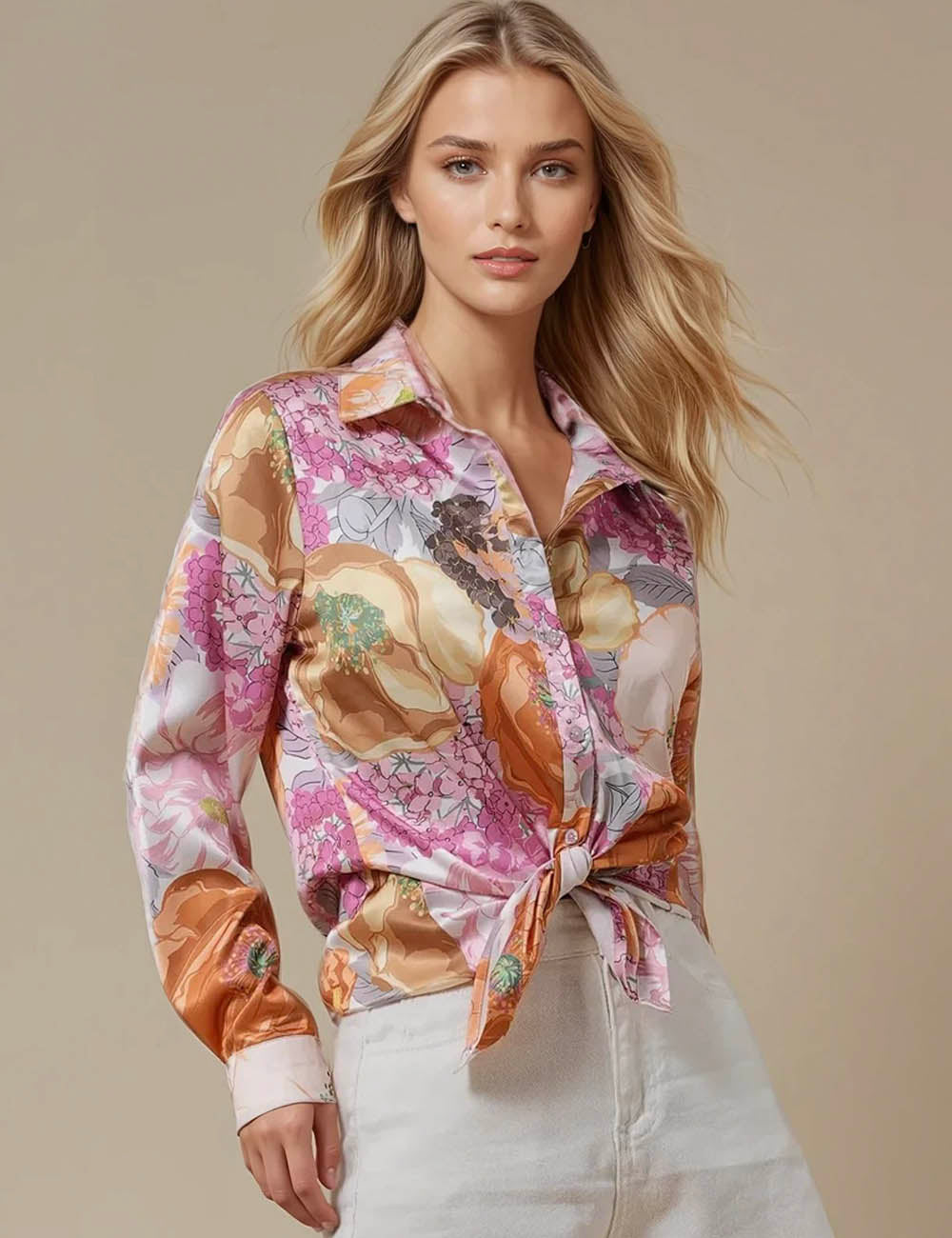 Ladies Multicolor Long Sleeves Button Down Shirt JT5503
