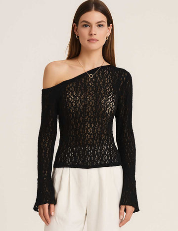 SKTKX21 Women Off Shoulder Hollow Out Knit Top