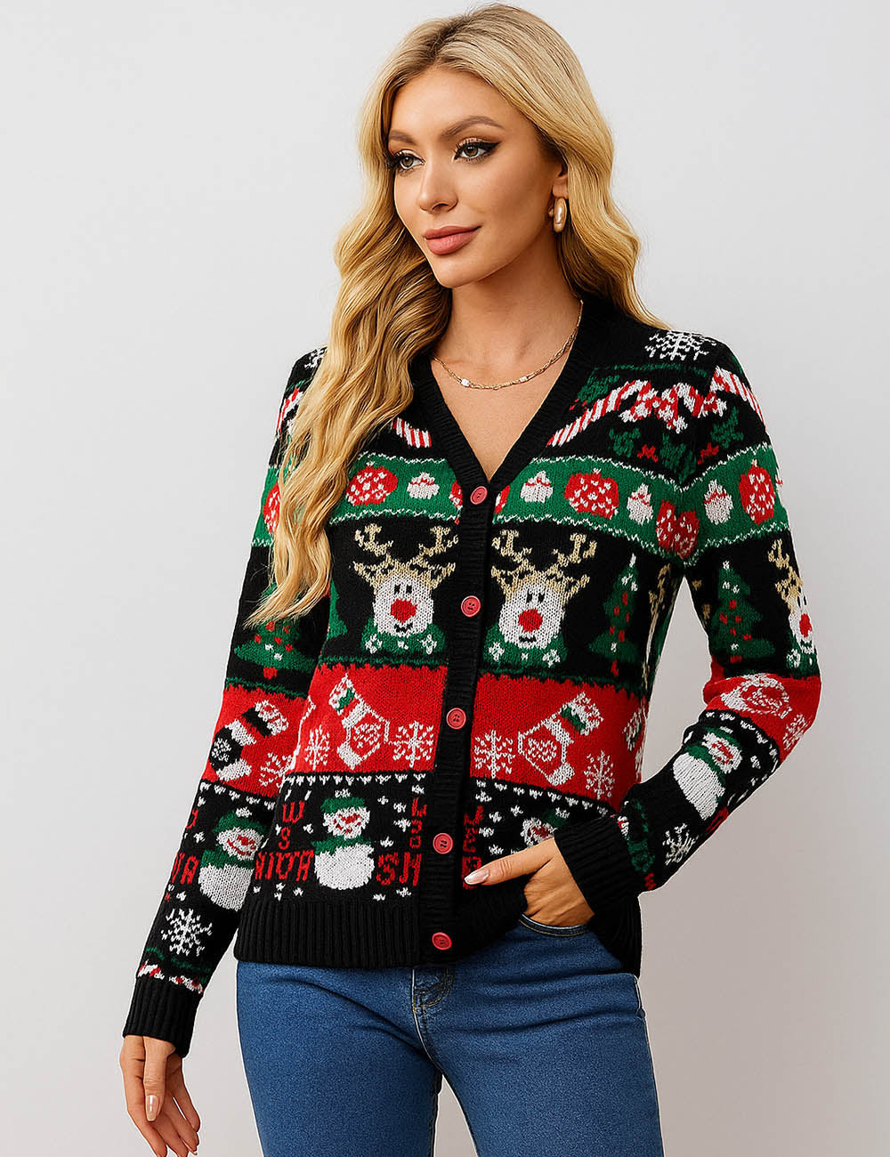 Ladies Multi Color Christmas Pattern Jacquard Sweater Cardigan