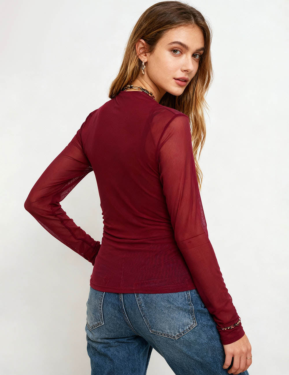 Ladies Sheer Mesh Rhinestone  Round Neck Layering Top