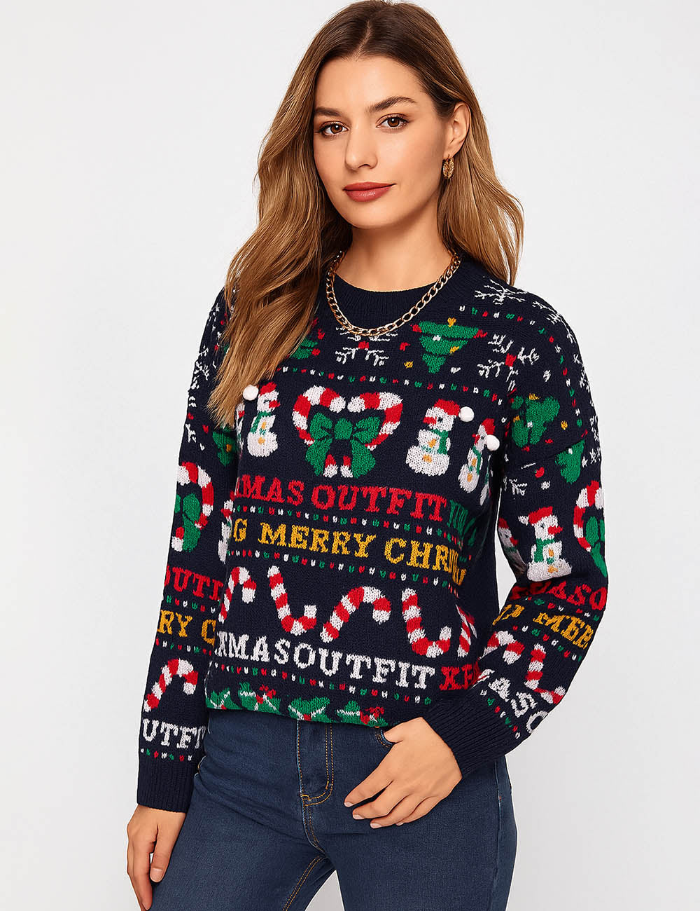 Ladies Christmas 2025 Candy Cane Snowman Pattern Festive Sweater