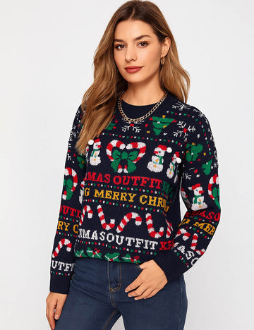 Ladies Christmas 2025 Candy Cane Snowman Pattern Festive Sweater