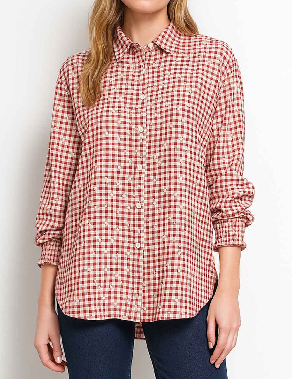 Ladies Multicolor Checked Floral Pattern Turndown Collar Button Shirt