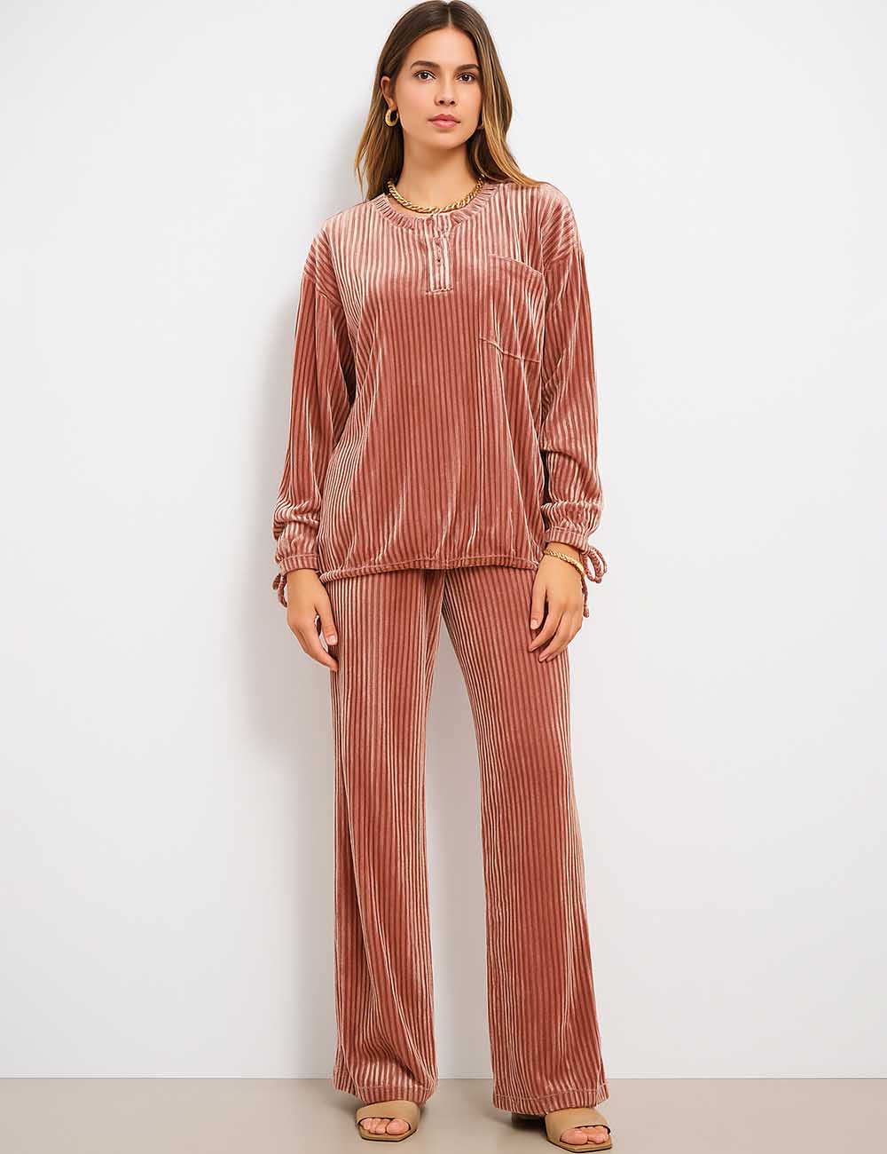 Ladies Rib Velvet Long Sleeves Blouse Pants 2PCS Set