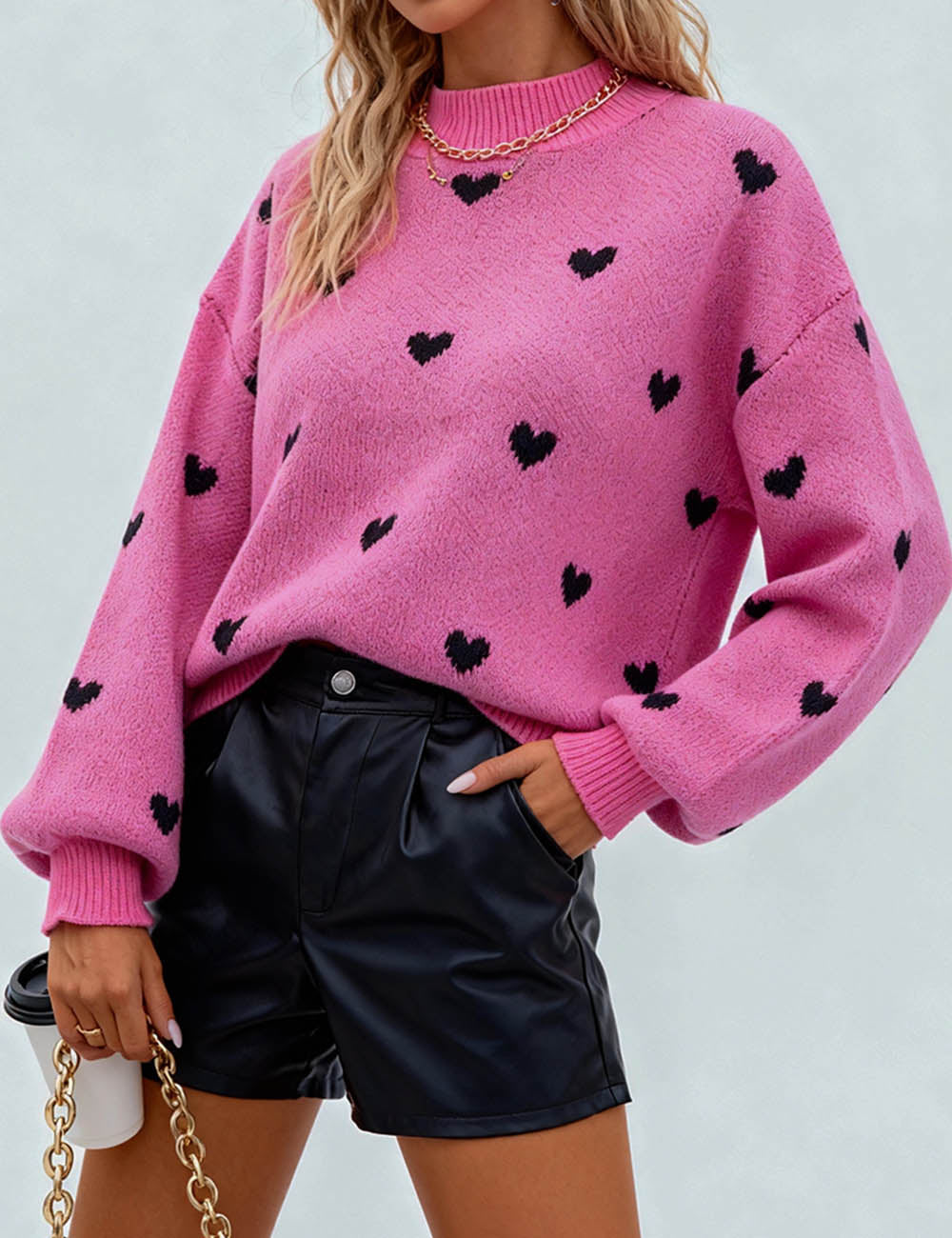 Ladies Valentine‘s Heart Mock Neck Lantern Sleeves Sweater